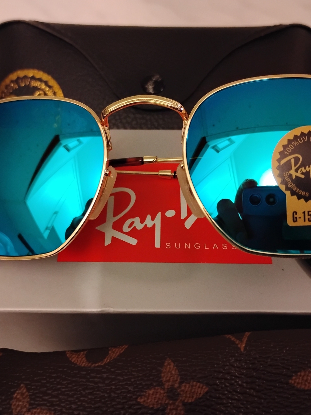 Ray-Ban Gold Frame Sunglasses with Blue Lenses